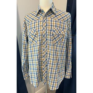 WRANGLER Western Shirt XL Blue Yellow White PEARL Snap Rodeo Country Ranch Farm